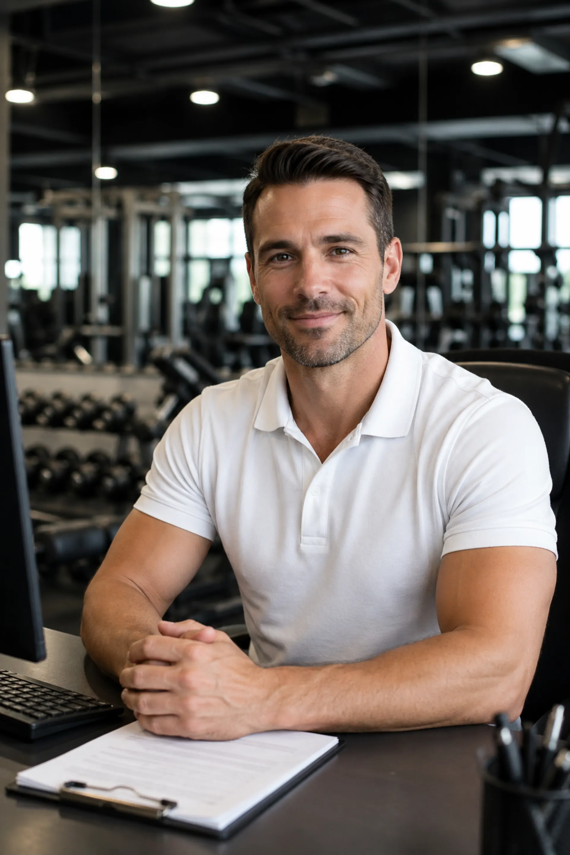 Salle de sport avec coachs et adhérents en séance collective